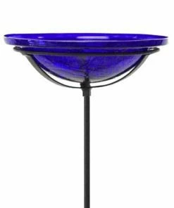 Achla Standing Bird Baths Crackle Glass Bird Bath Bowl With Cradle And Stake, Cobalt