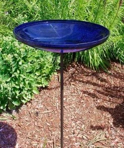 Achla Standing Bird Baths Crackle Glass Bird Bath Bowl With Cradle And Stake, Cobalt