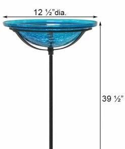 Achla Crackle Glass Bird Bath Bowl With Cradle And Stake, Teal Standing Bird Baths