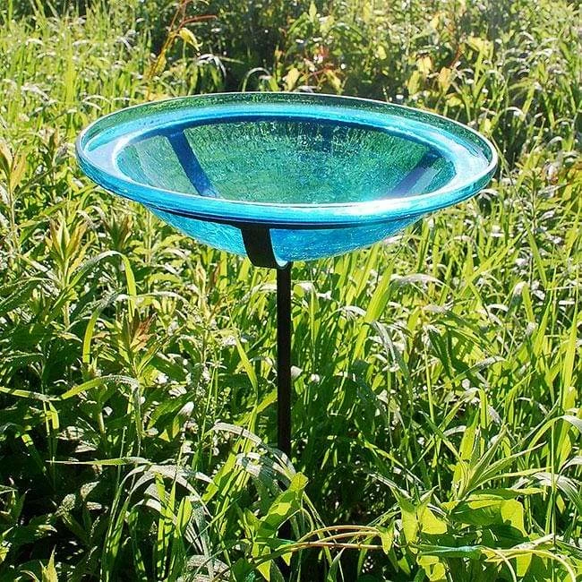 Achla Crackle Glass Bird Bath Bowl With Cradle And Stake, Teal Standing Bird Baths 5 Achla Crackle Glass Bird Bath Bowl With Cradle And Stake, Teal Standing Bird Baths