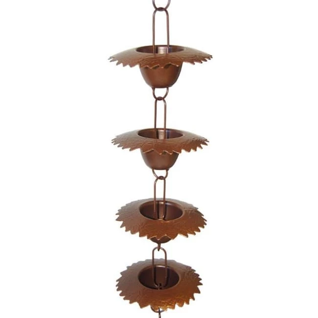Ancient Graffiti Lawn & Garden Leaf Cup Rain Chain, Browned Copper Finish 3 Ancient Graffiti Lawn & Garden Leaf Cup Rain Chain, Browned Copper Finish